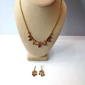 Napier Necklace & Earrings Set Gold Tone Amber Topaz Glass Stones Signed Vintage